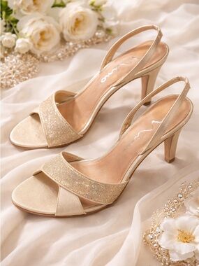 Champagne Gold Slingback Heels Nina Mesh Sandals Wedding Guest Bridal Size 10 M